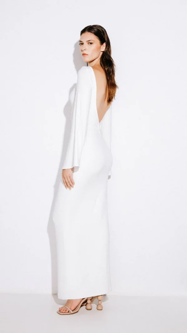 White Silk Evening Gown with Long Sleeves & Open Back - Image 4