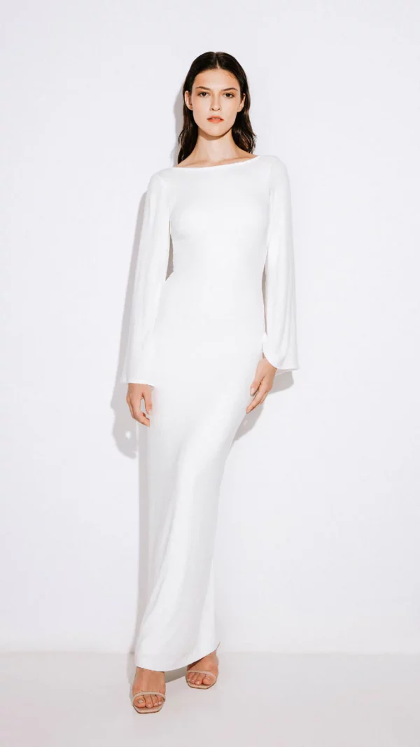 White Silk Evening Gown with Long Sleeves & Open Back